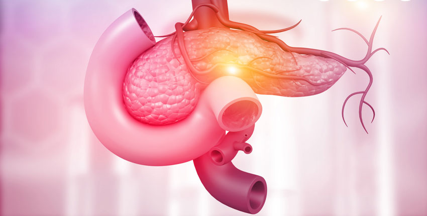 Rendered image of a pancreas with orange light to specify pancreatic cancer