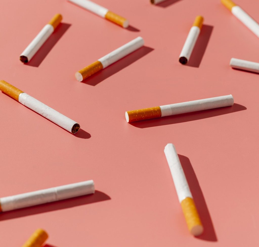 High angle view of cigarettes which cause pancreatic cancer